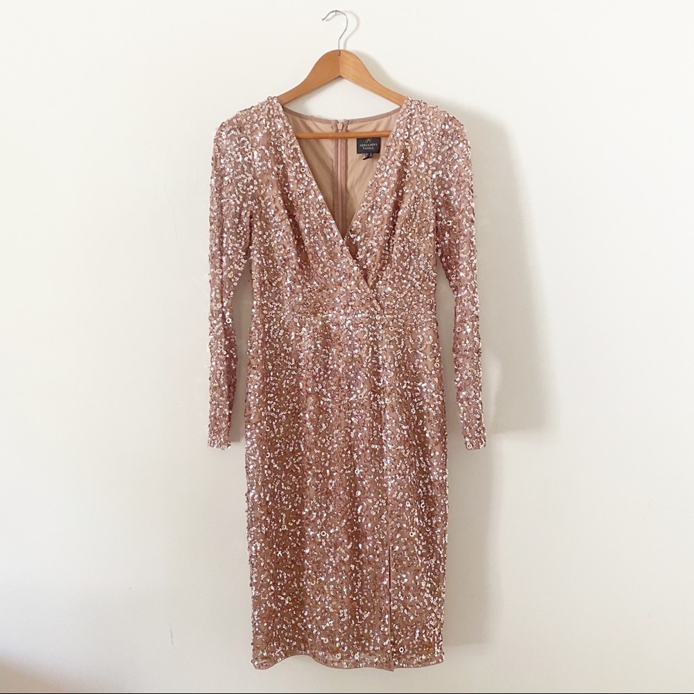 Adrianna Papell Gold Sequin V-Neck Sheath Dress - Picture 1 of 6